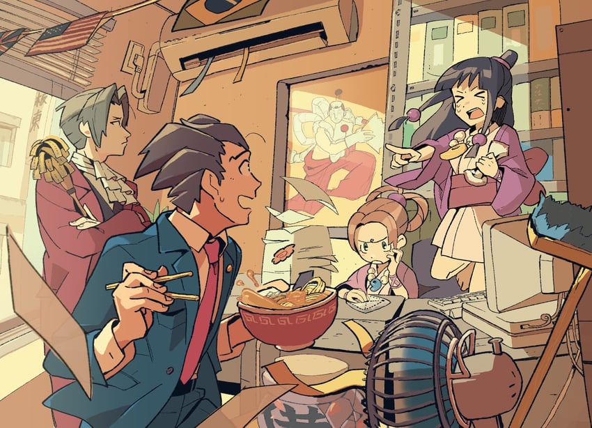 phoenix wright, miles edgeworth, maya fey, pearl fey, and steel samurai (ace attorney) drawn by terrible_burst