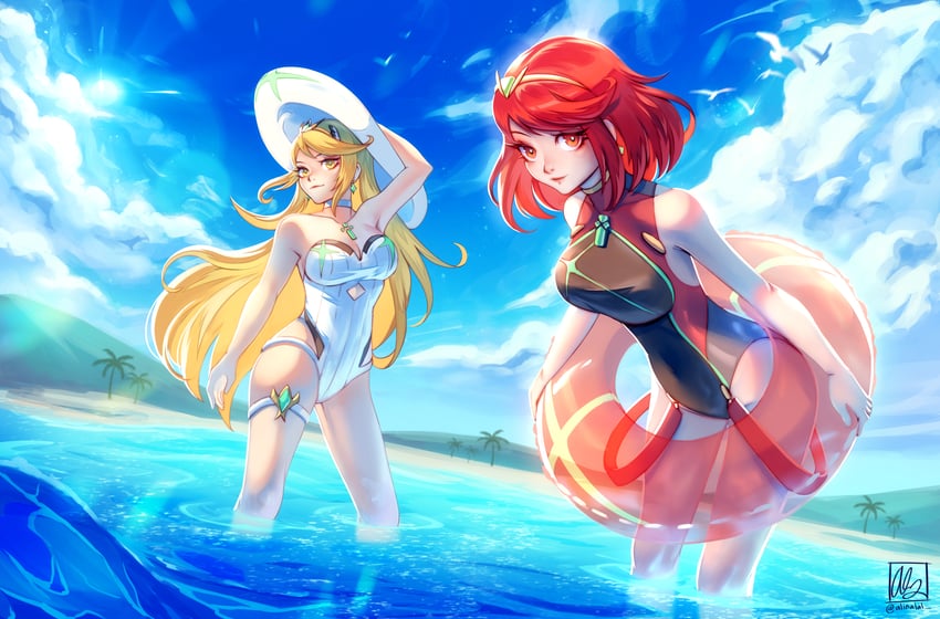 pyra and mythra (xenoblade chronicles and 1 more) drawn by alina_l