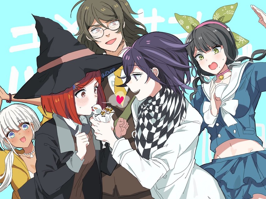 oma kokichi, yumeno himiko, yonaga angie, chabashira tenko, and gokuhara gonta (danganronpa and 1 more) drawn by orutsu