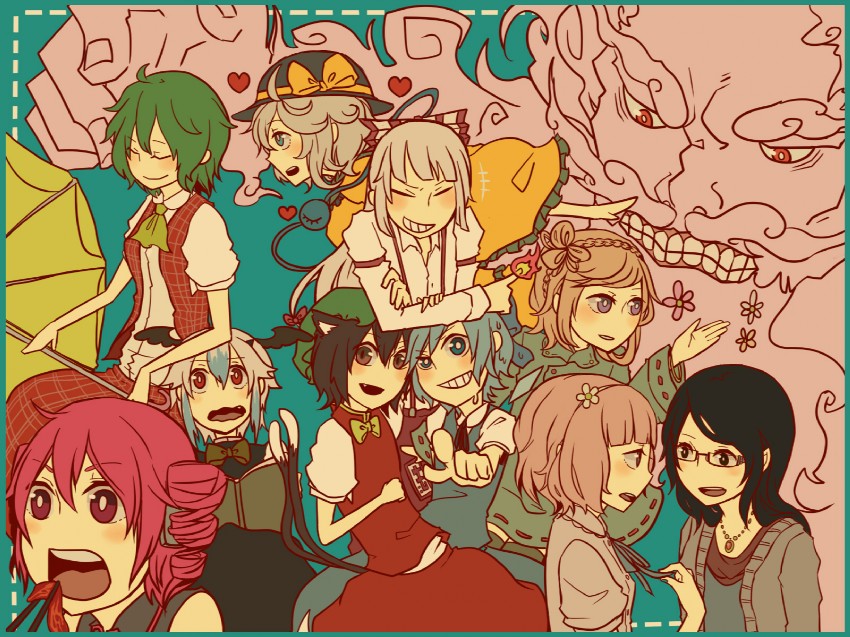 komeiji koishi, cirno, fujiwara no mokou, chen, kazami yuuka, and 3 more (touhou and 1 more) drawn by daina_(encore62)