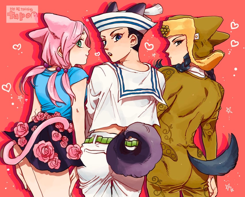 higashikata josuke, hirose yasuho, and mamezuku rai (jojo no kimyou na bouken and 1 more) drawn by jojo_2waka