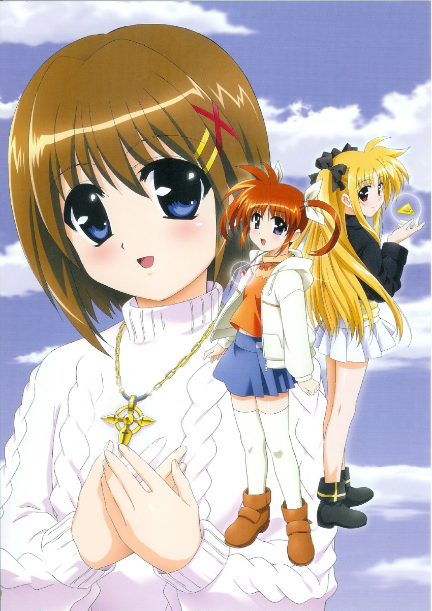 fate testarossa, takamachi nanoha, yagami hayate, raising heart, bardiche, and 1 more (lyrical nanoha and 2 more) drawn by okuda_yasuhiro