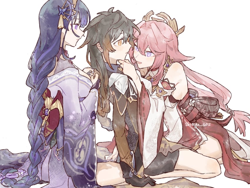 raiden shogun, yae miko, and zhongli (genshin impact) drawn by shoyu_sos