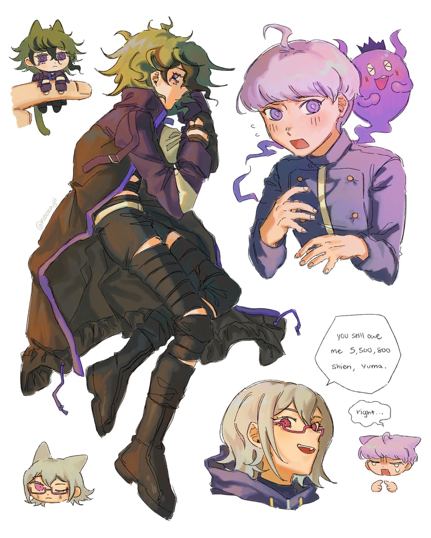 yuma kokohead, shinigami, halara nightmare, and vivia twilight (master detective archives: rain code) drawn by skye_(neokayii)