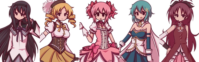 akemi homura, kaname madoka, miki sayaka, sakura kyoko, and tomoe mami (mahou shoujo madoka magica) drawn by sakakaorin