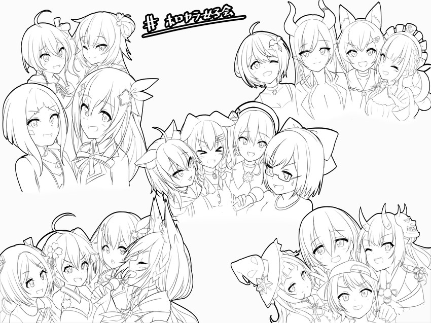 shirakami fubuki, hoshimachi suisei, nekomata okayu, minato aqua, sakura miko, and 14 more (hololive) drawn by satobitob