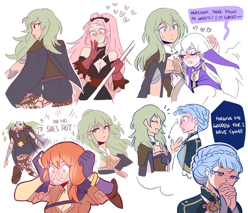 hilda valentine goneril, lysithea von ordelia, marianne von edmund, female byleth, and leonie pinelli (fire emblem and 1 more) drawn by bakuatsukiyu