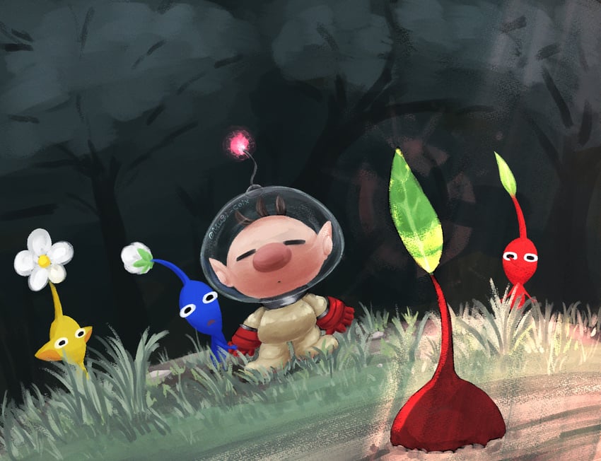 red pikmin, olimar, yellow pikmin, and blue pikmin (pikmin) drawn by usuba_(hatomugip)