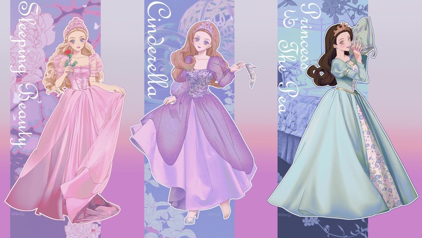 cinderella, barbie, sleeping beauty, sleeping beauty barbie, cinderella barbie, and 1 more (barbie and 4 more) drawn by okitafuji