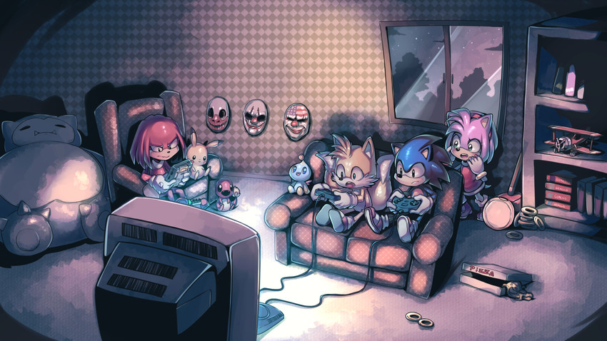 pikachu, sonic the hedgehog, amy rose, charmander, tails, and 3 more (pokemon and 2 more) drawn by parororo