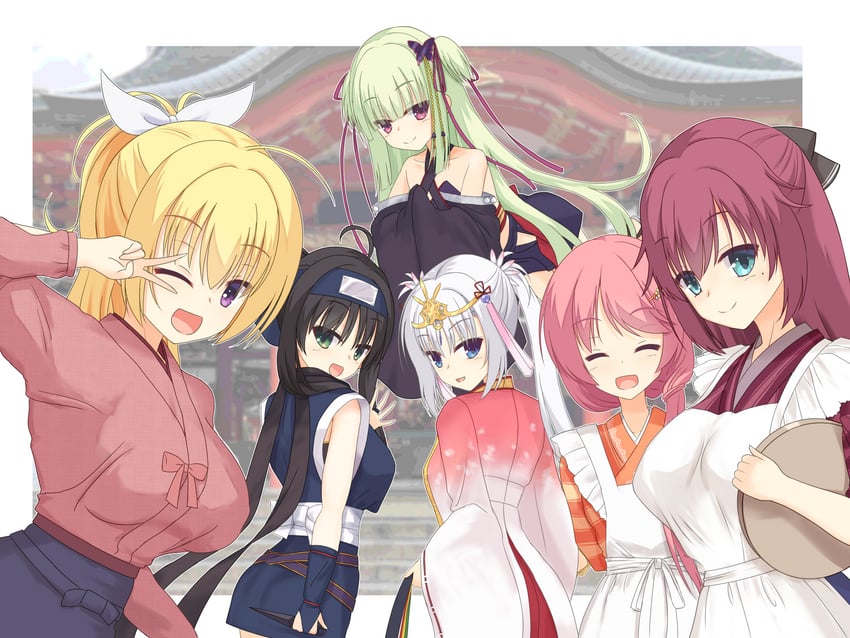 murasame, hitachi mako, tomotake yoshino, maniwa roka, lena liechtenauer, and 1 more (senren banka) drawn by shirayamakoma