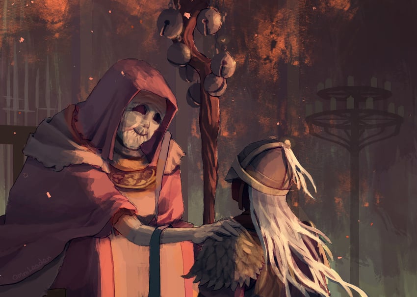 tarnished, bloody wolf, and finger reader enia (elden ring) drawn by omnileaden