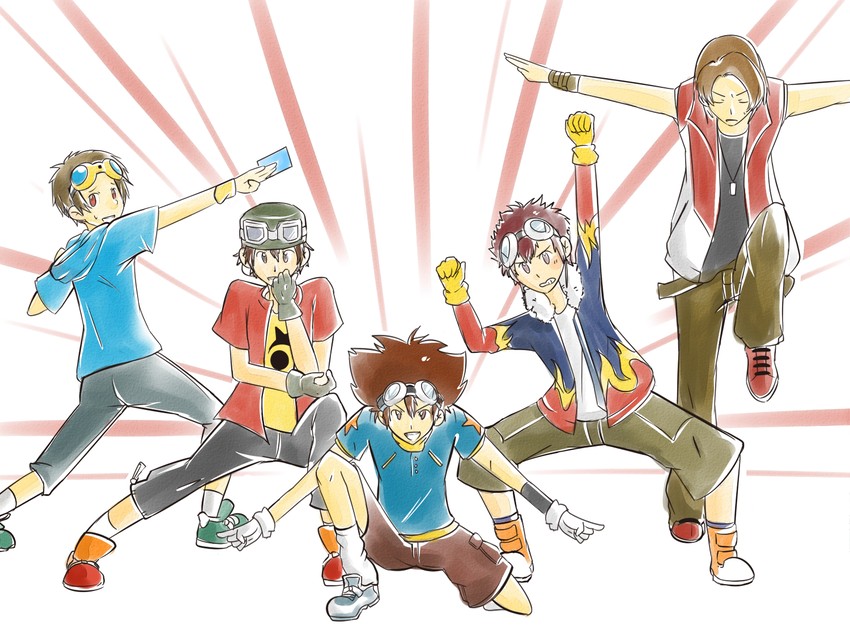 yagami taichi, motomiya daisuke, matsuda takato, kanbara takuya, and daimon masaru (digimon and 5 more) drawn by alycoris