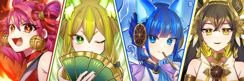 hu-li the jewel mikanko, ni-ni the mirror mikanko, ha-re the sword mikanko, and ohime the manifested mikanko (yu-gi-oh!) drawn by mugimaro35