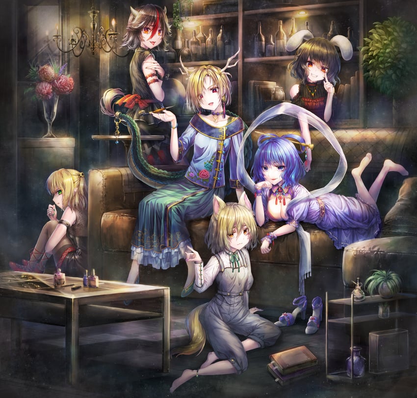 inaba tewi, mizuhashi parsee, kaku seiga, kijin seija, kicchou yachie, and 1 more (touhou) drawn by miyupon