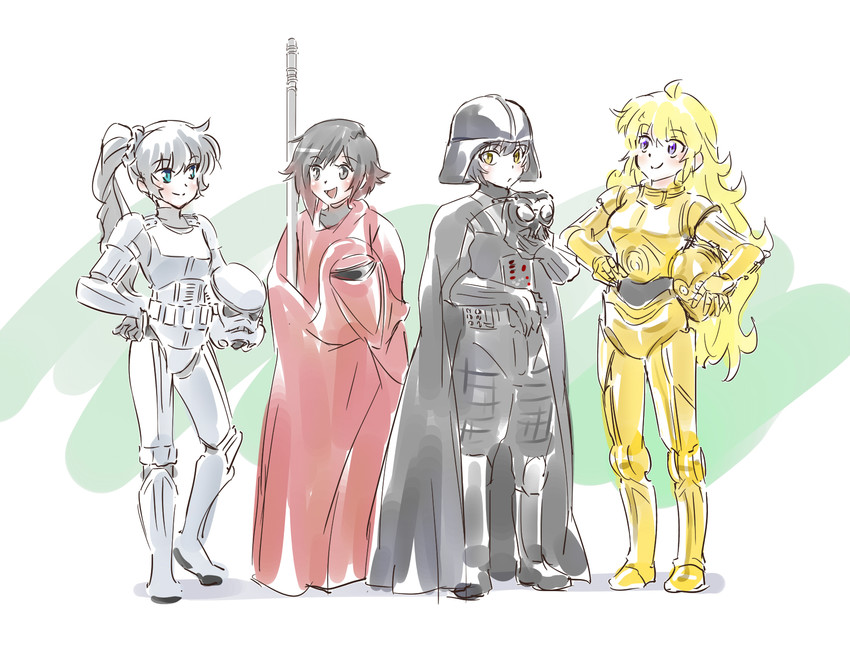 ruby rose, weiss schnee, yang xiao long, blake belladonna, darth vader, and 2 more (rwby and 1 more) drawn by iesupa
