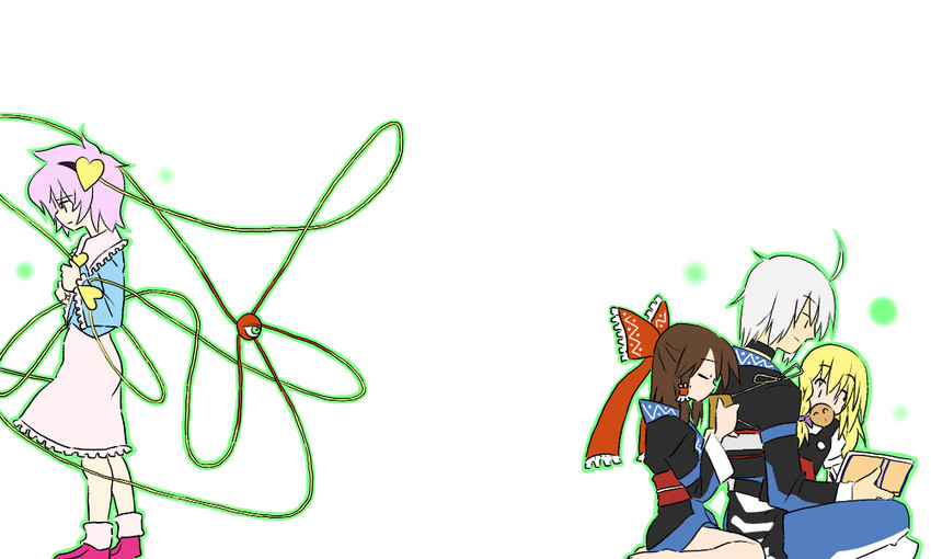 hakurei reimu, kirisame marisa, komeiji satori, and morichika rinnosuke (touhou) drawn by sag_(karehabase)
