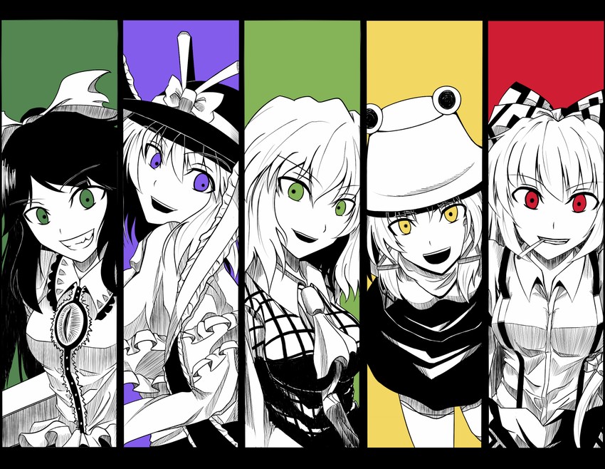 fujiwara no mokou, moriya suwako, reiuji utsuho, kazami yuuka, and nagae iku (touhou) drawn by vegas_(akg)