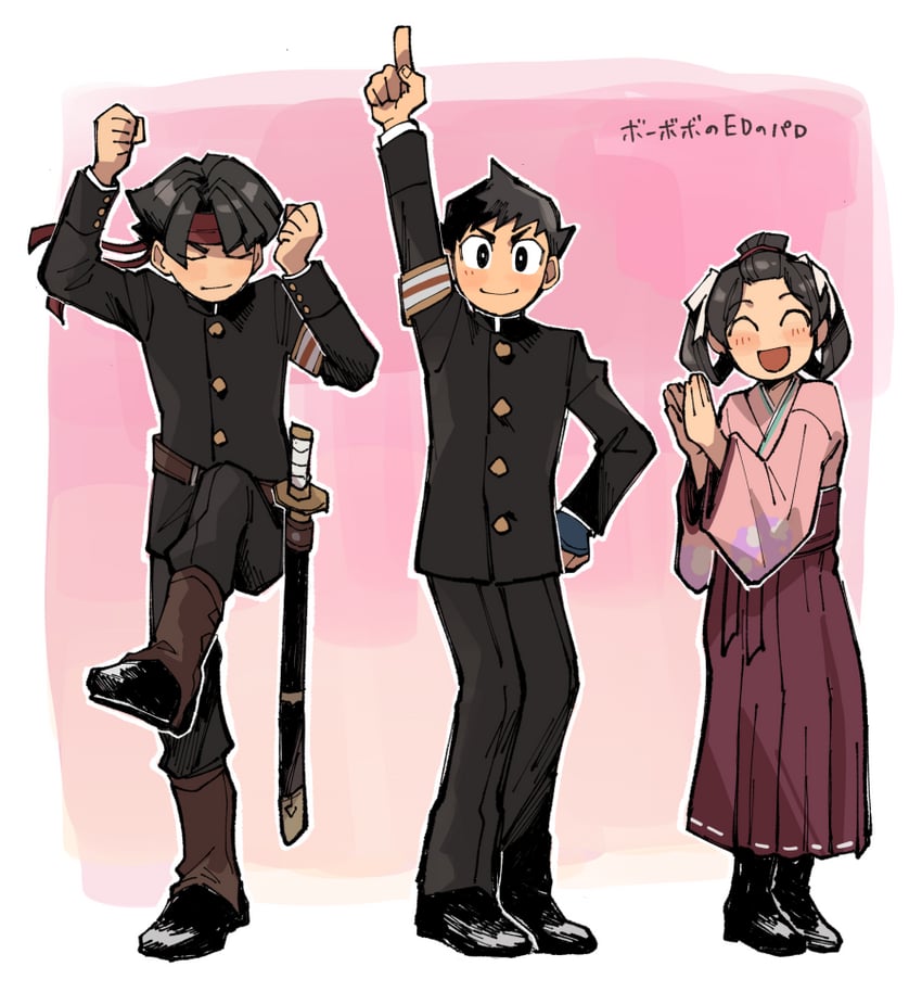 ryunosuke naruhodo, kazuma asogi, and susato mikotoba (ace attorney and 2 more) drawn by wahootarou