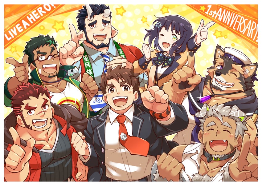 akashi, male protagonist, nessen, kyoichi, pubraseer, and 2 more (live a hero) drawn by aopanda