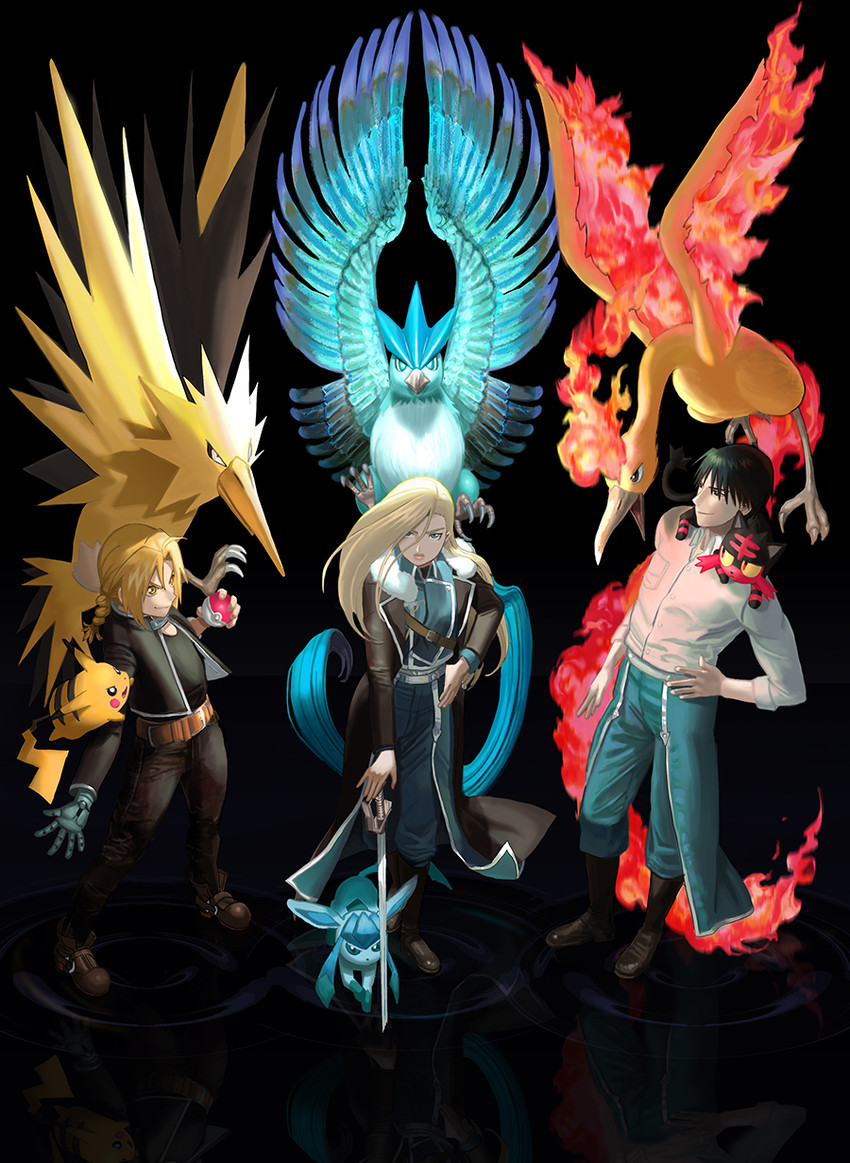 pikachu, glaceon, edward elric, litten, roy mustang, and 4 more (pokemon and 1 more) drawn by bubble_jett