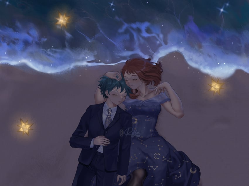 midoriya izuku and uraraka ochaco (boku no hero academia) drawn by rikka_(qgirl_26)