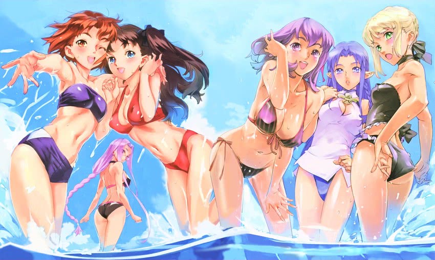 artoria pendragon, tohsaka rin, saber alter, matou sakura, medusa, and 2 more (fate and 1 more) drawn by nishieda