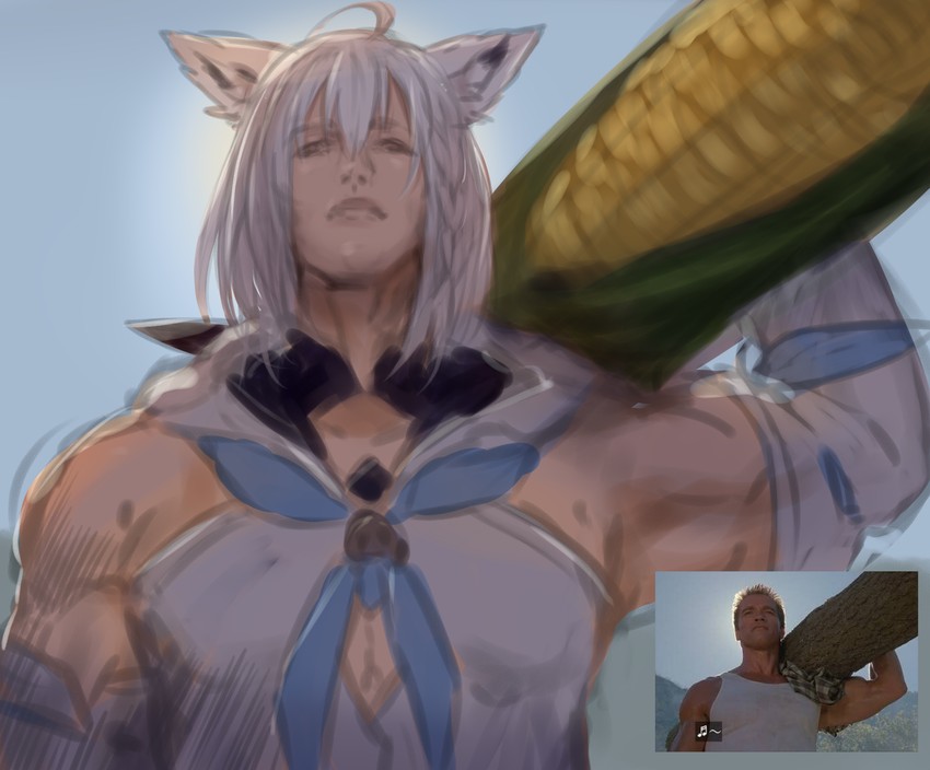 shirakami fubuki, arnold schwarzenegger, and john matrix (hololive and 1 more) drawn by sukemyon