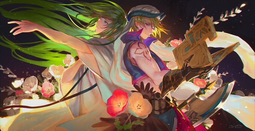enkidu, gilgamesh, and kingu (fate and 1 more) drawn by egawa_akira