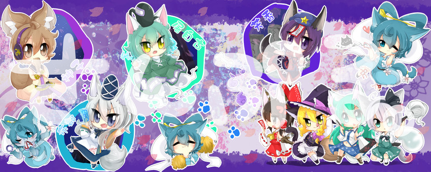 hakurei reimu, kirisame marisa, kochiya sanae, konpaku youmu, toyosatomimi no miko, and 5 more (touhou) drawn by kaenuco