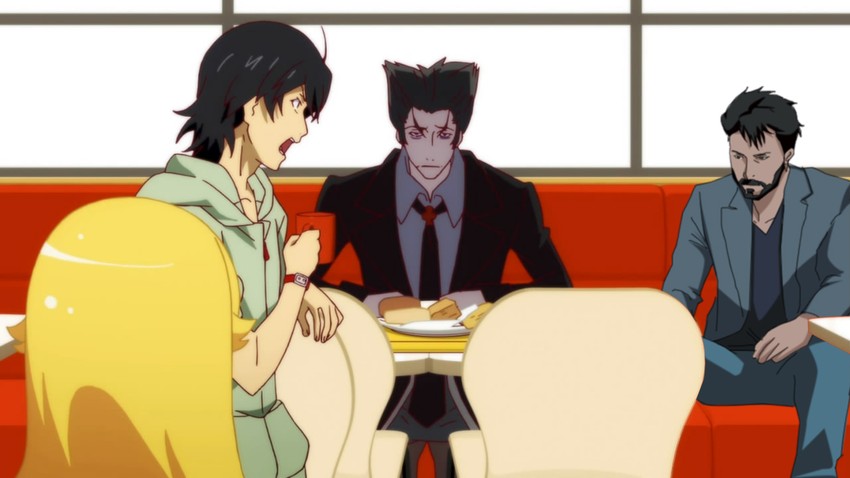 oshino shinobu, araragi koyomi, kaiki deishuu, and keanu reeves (monogatari and 2 more)