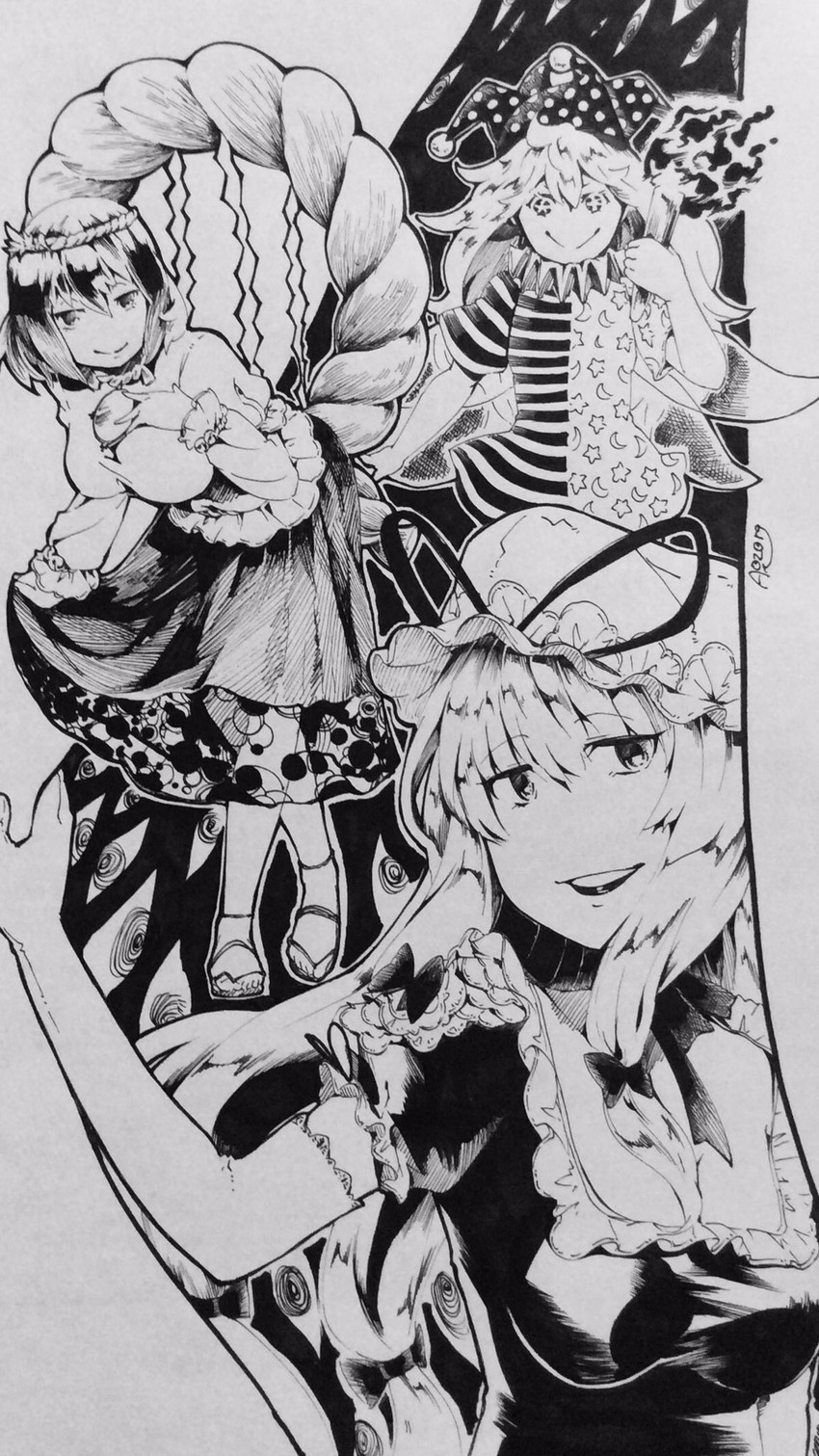 yakumo yukari, yasaka kanako, and clownpiece (touhou) drawn by aozora_taf