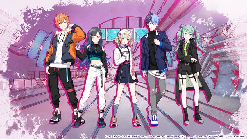 hatsune miku, shinonome akito, shiraishi an, aoyagi touya, azusawa kohane, and 1 more (vocaloid and 1 more) drawn by colorful_palette