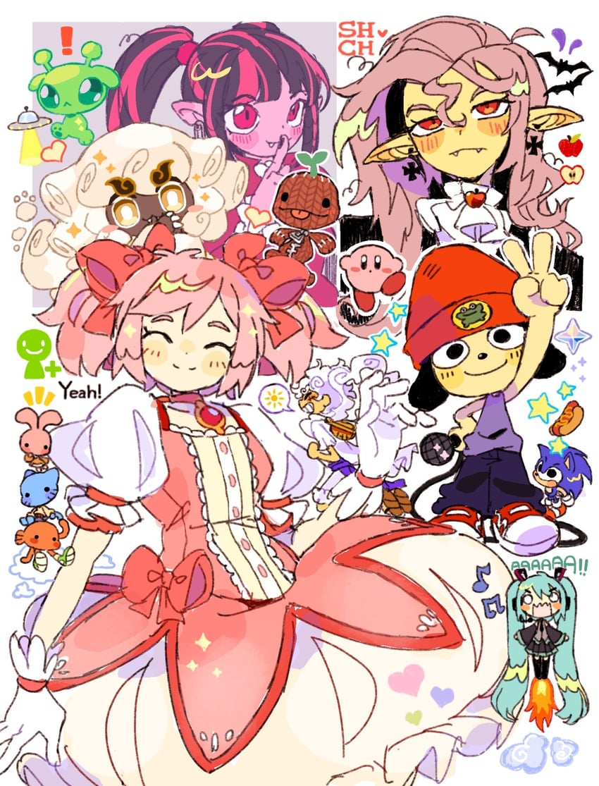 hatsune miku, kaname madoka, kirby, monkey d. luffy, sonic the hedgehog, and 9 more (genshin impact and 14 more) drawn by sharpycharot