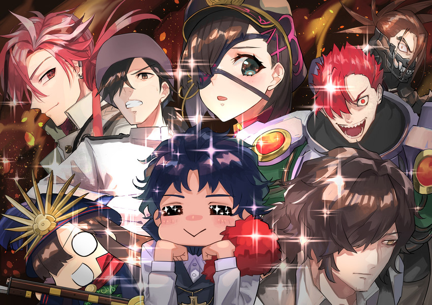 oda nobunaga, okada izou, sakamoto ryouma, takasugi shinsaku, mini nobu, and 4 more (fate and 1 more) drawn by hakohako-does