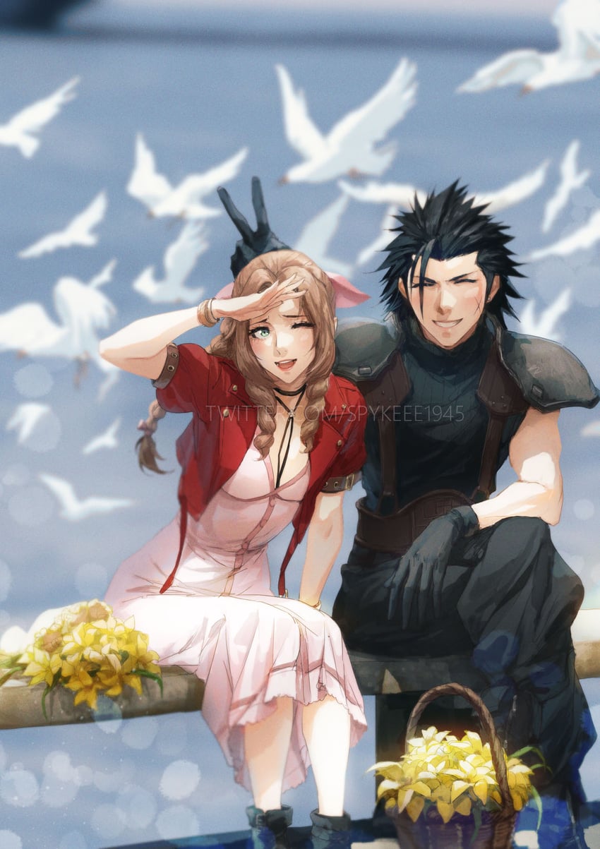 aerith gainsborough and zack fair (final fantasy and 2 more) drawn by spykeee