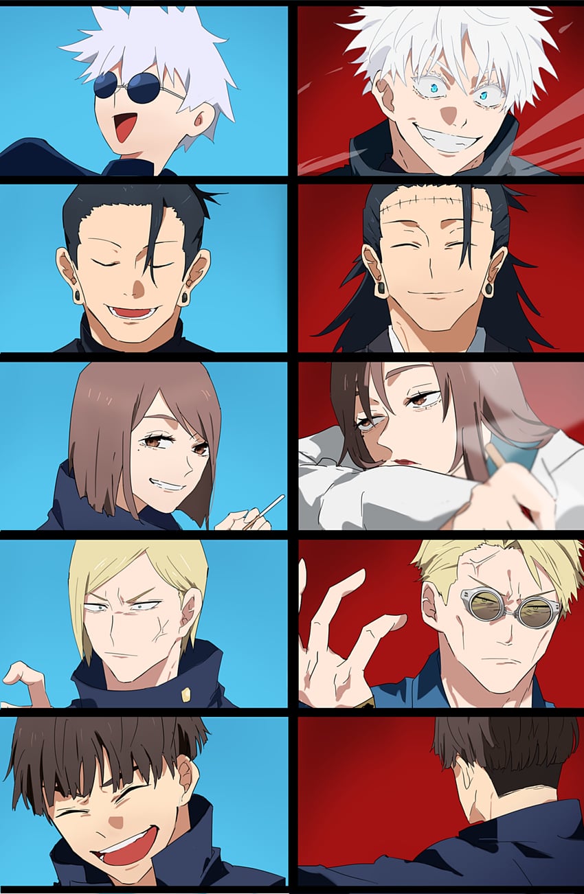 gojou satoru, getou suguru, nanami kento, ieiri shoko, kenjaku, and 1 more (jujutsu kaisen) drawn by derinjaaaaaa