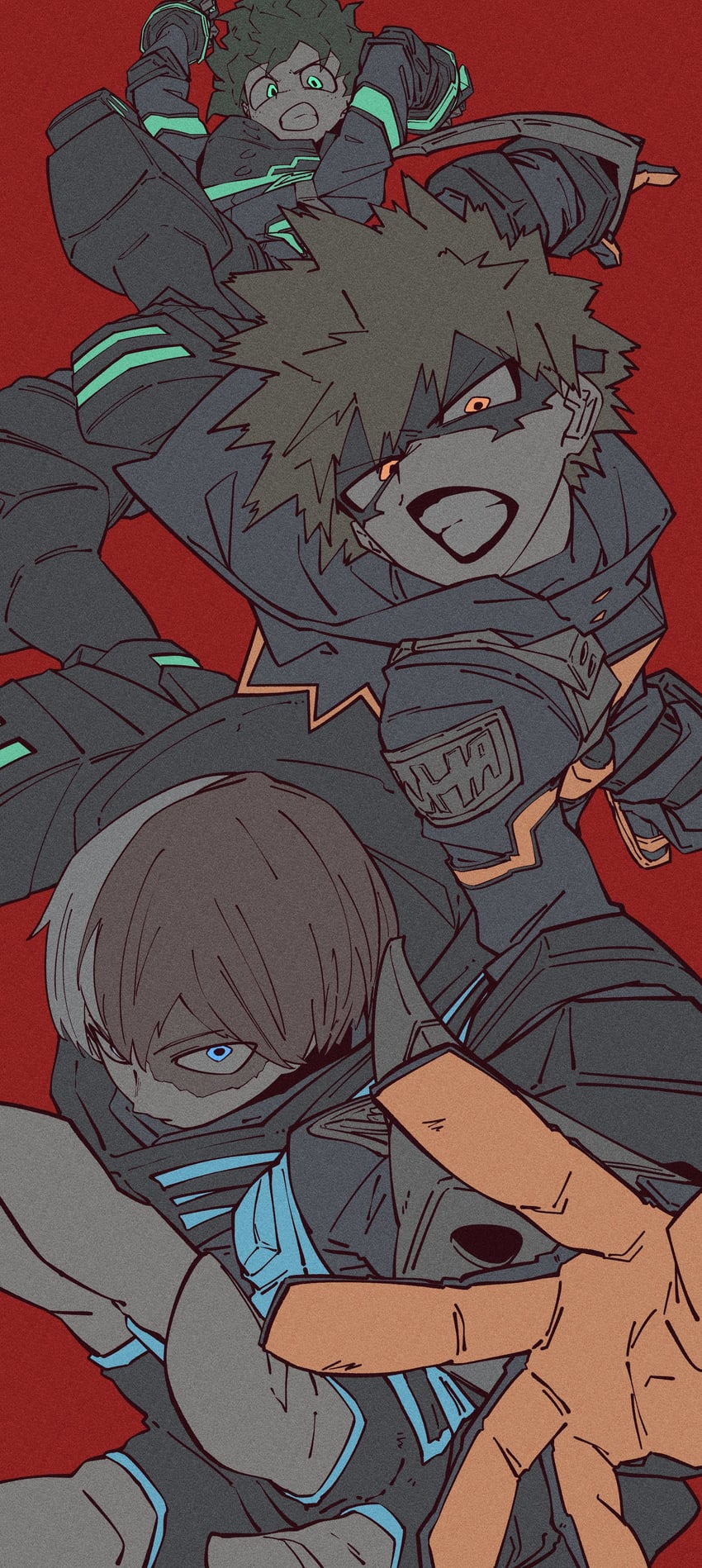midoriya izuku, bakugou katsuki, and todoroki shoto (boku no hero academia) drawn by kogorooz