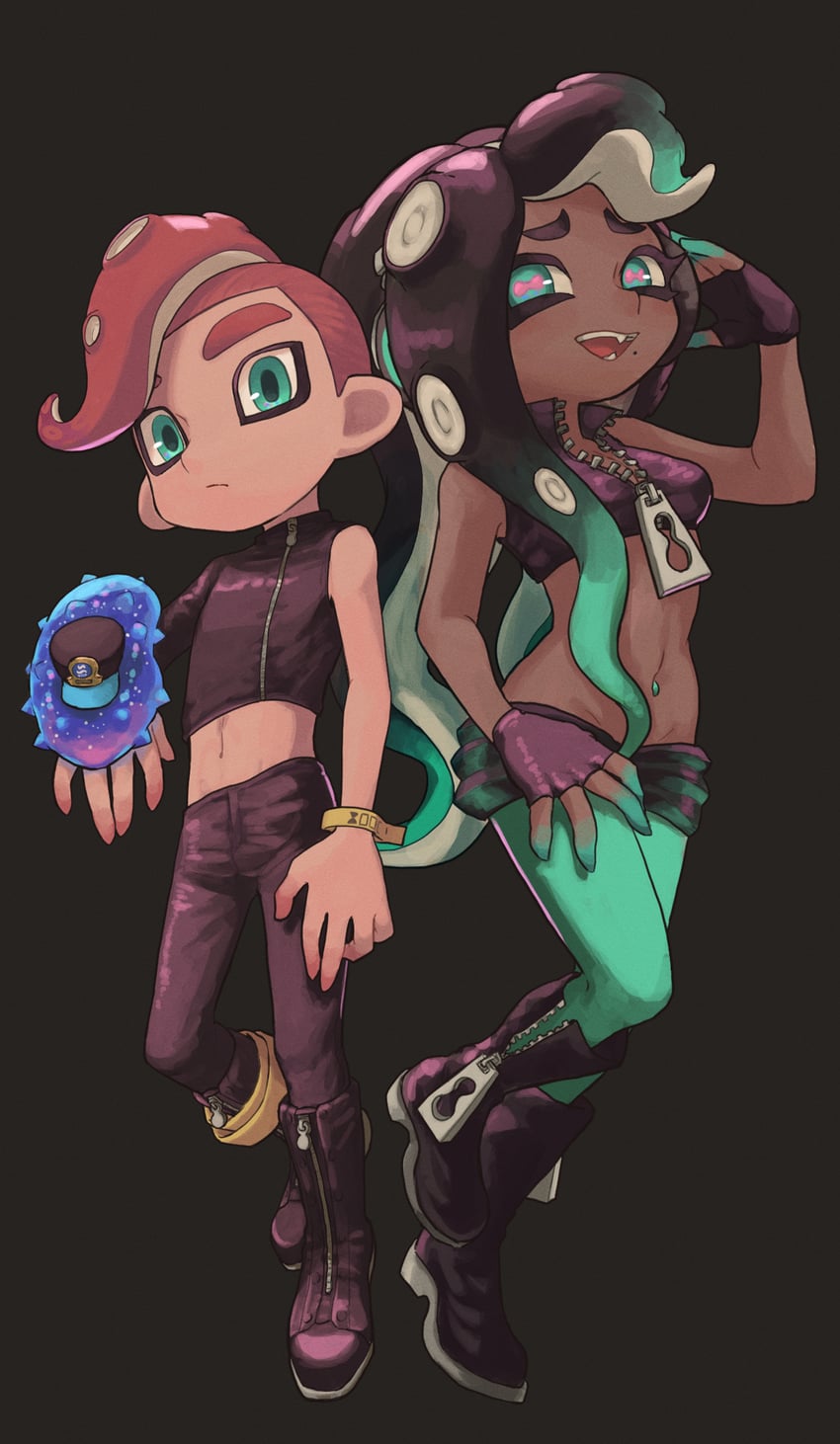 octoling player character, agent 8, octoling boy, marina, and c.q. cumber (splatoon and 2 more) drawn by kotarou_(kotakota_ee)