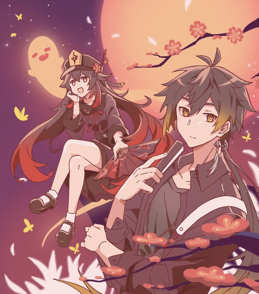 hu tao, zhongli, and boo tao (genshin impact) drawn by biabiaji02