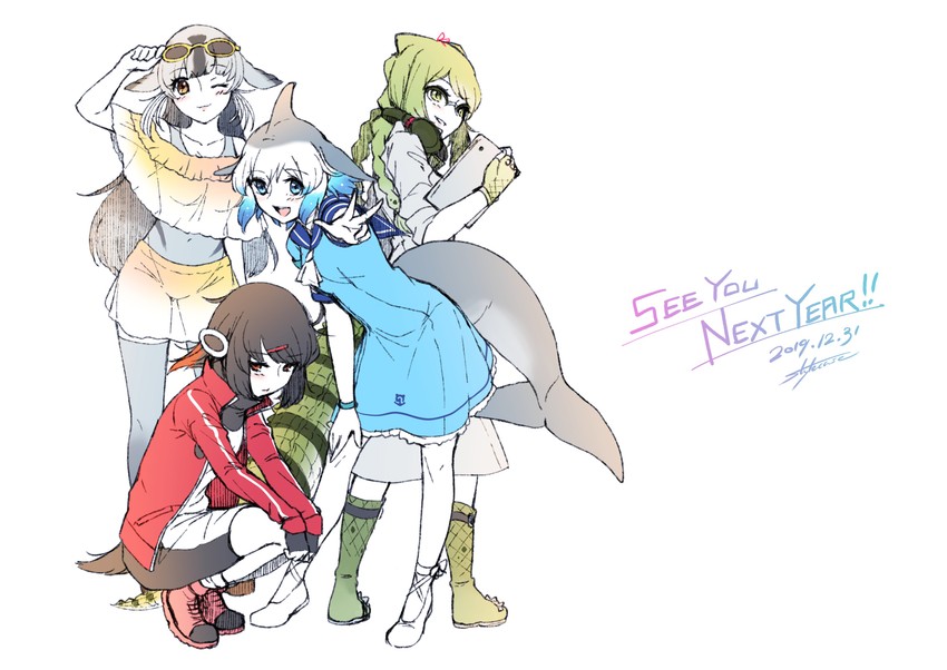 common bottlenose dolphin, spectacled caiman, adelie penguin, and bearded seal (kemono friends) drawn by stylecase