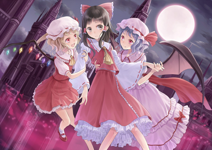 hakurei reimu, remilia scarlet, and flandre scarlet (touhou) drawn by tadokoro_teppei