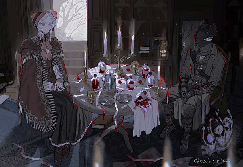 hunter, plain doll, and messengers (bloodborne) drawn by 0niku_niku