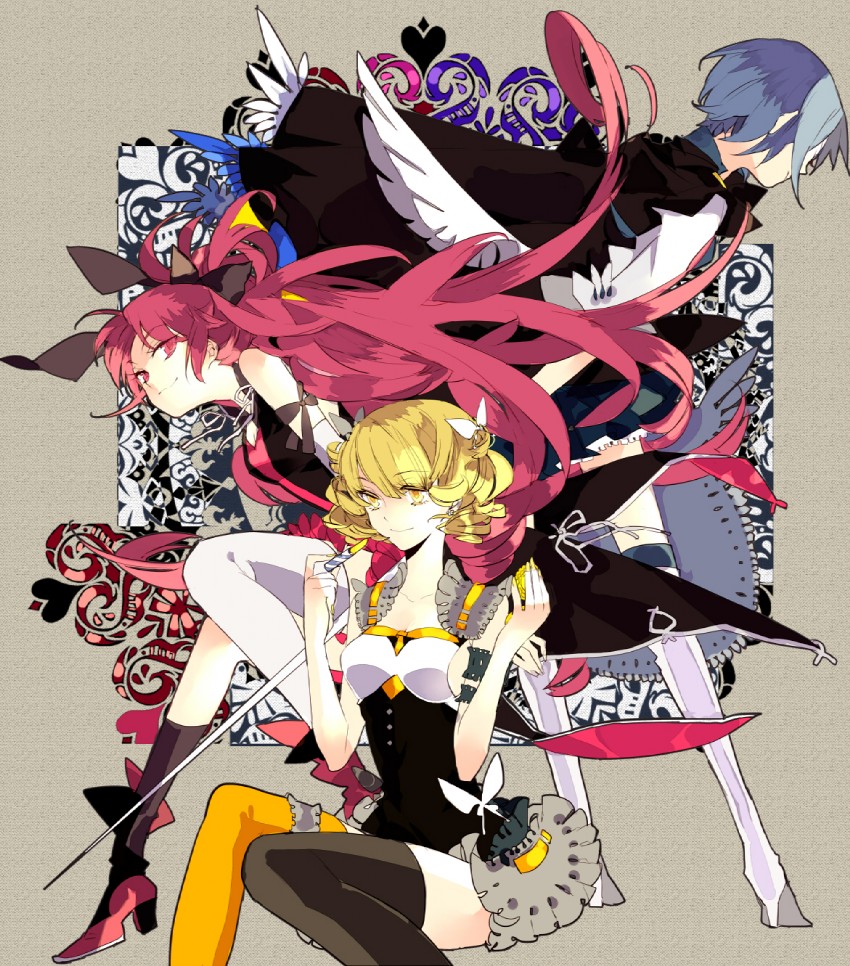 miki sayaka, sakura kyoko, and tomoe mami (mahou shoujo madoka magica) drawn by suou_(sdurorhr)