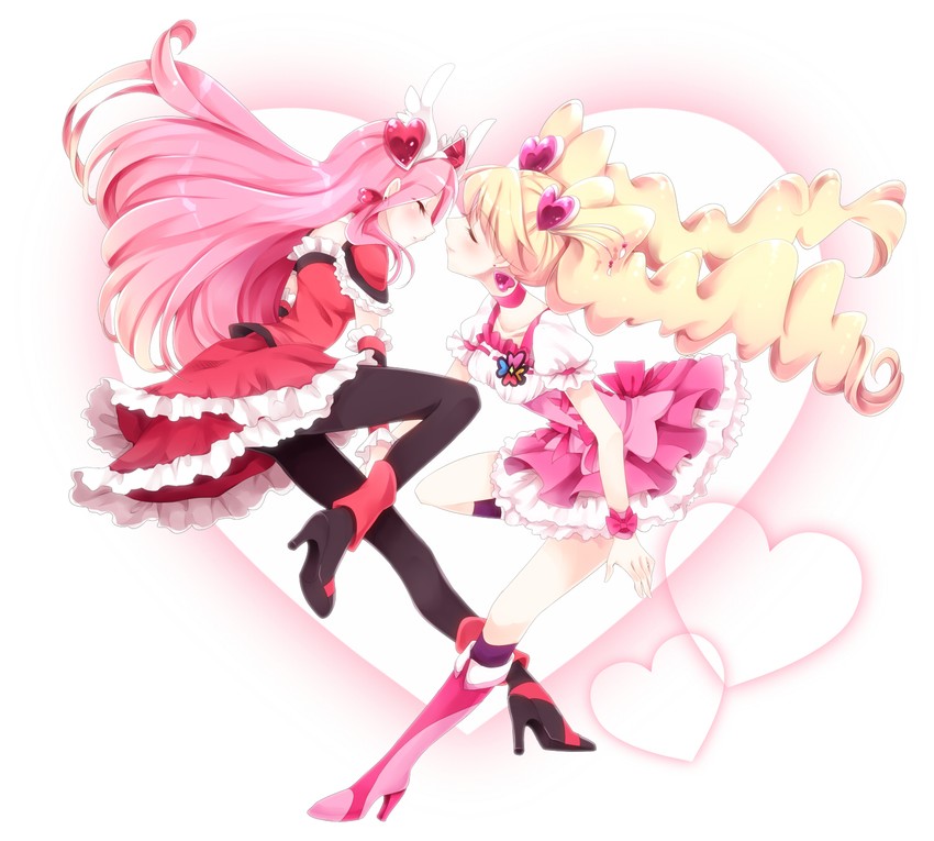 higashi setsuna, momozono love, cure peach, and cure passion (precure and 1 more) drawn by uzuki_aki