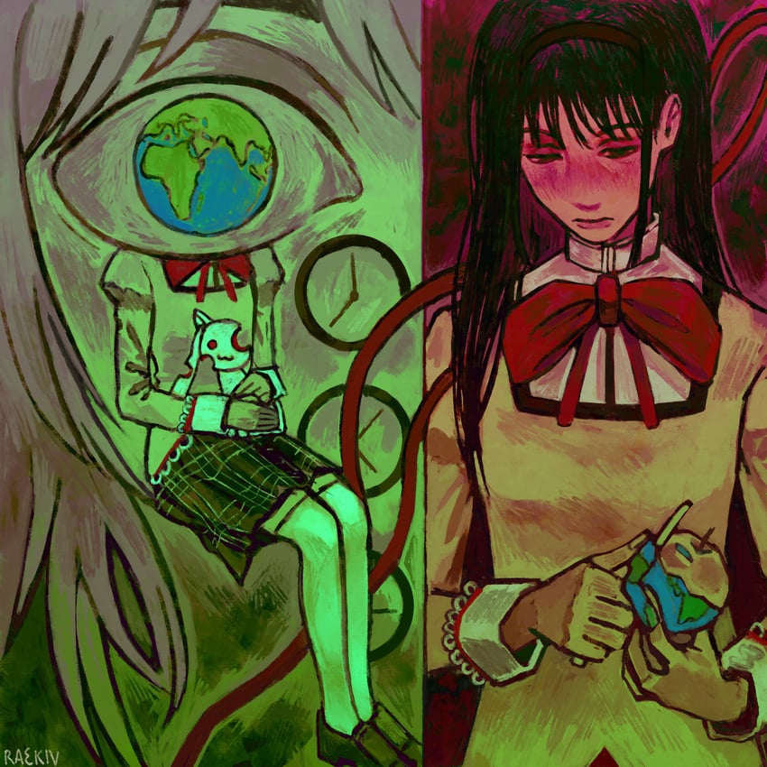 akemi homura, kaname madoka, and kyubey (mahou shoujo madoka magica) drawn by raekiv