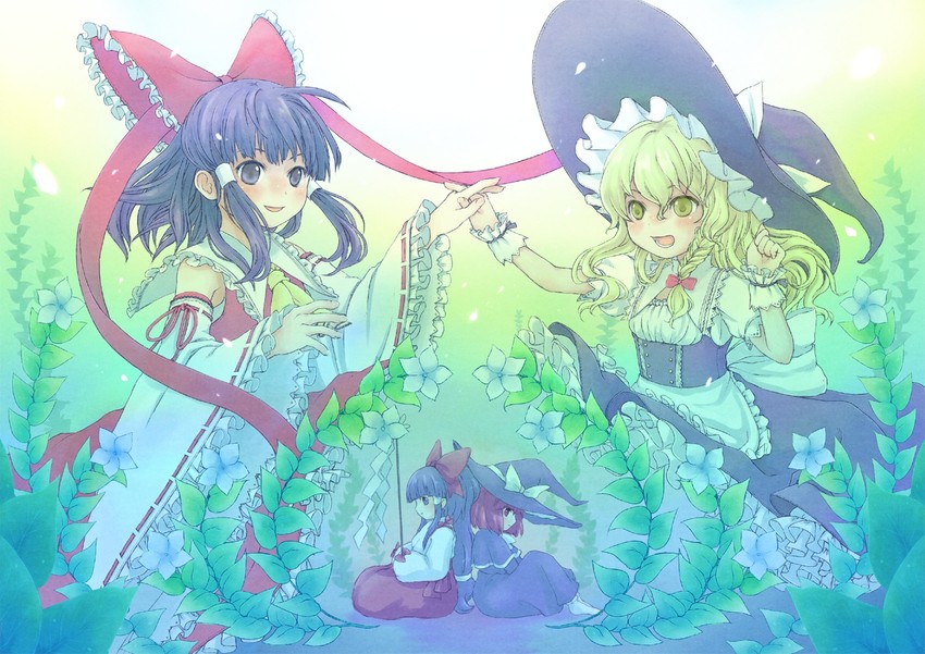 hakurei reimu and kirisame marisa (touhou and 1 more) drawn by karioda