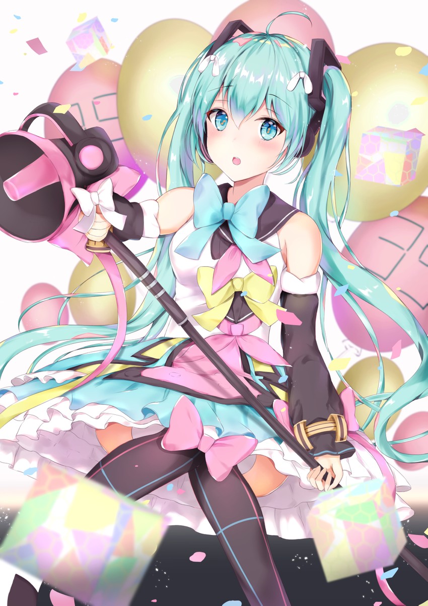 hatsune miku and magical mirai miku (vocaloid and 1 more) drawn by houraku