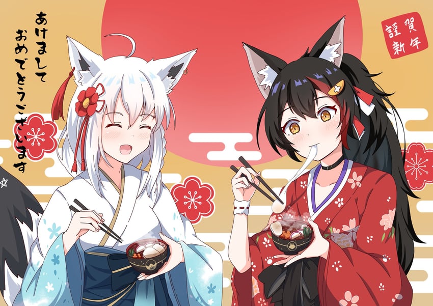 shirakami fubuki and ookami mio (hololive) drawn by ekaki_mato
