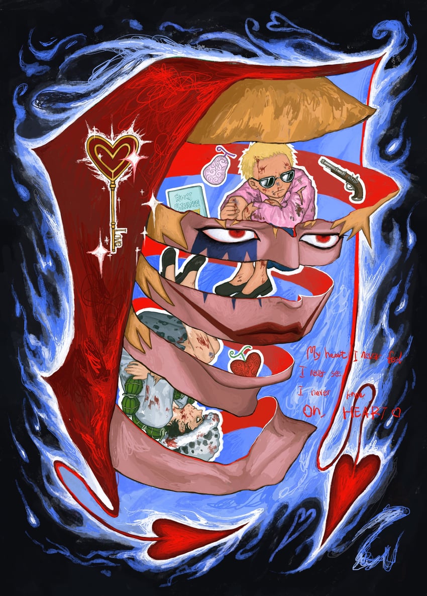 trafalgar law, donquixote doflamingo, and donquixote rocinante (one piece) drawn by hv48ell
